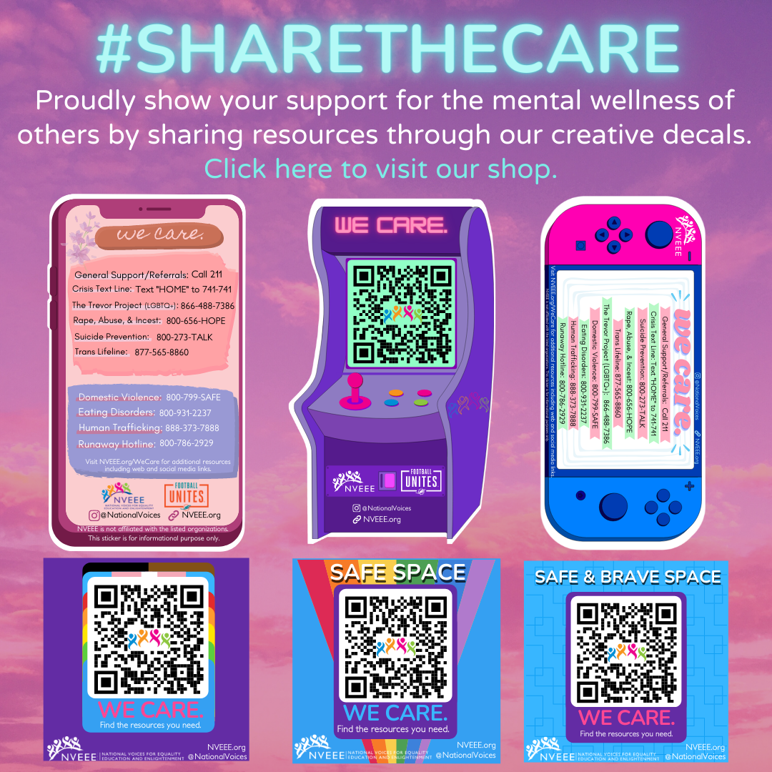 We Care Share the Care Stickers. Phone with national resource phone numbers, arcade machine with QR code, nintendo switch with resources, and QR codes